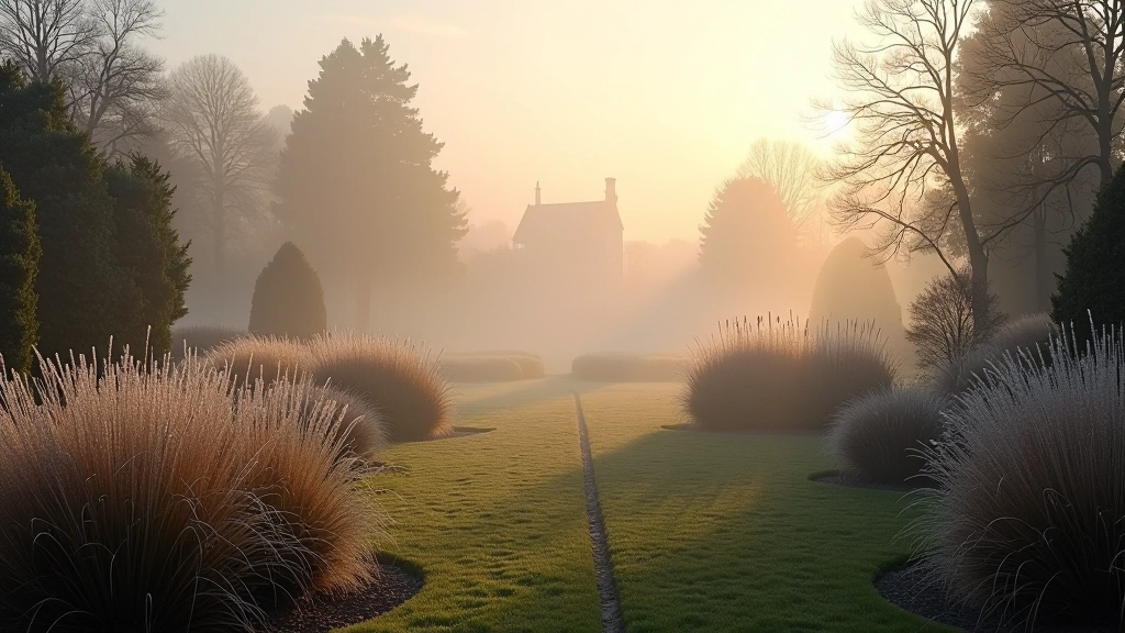 Misty morning at Mount Congreve with frost on ornamental grasses and early light illuminating garden structure