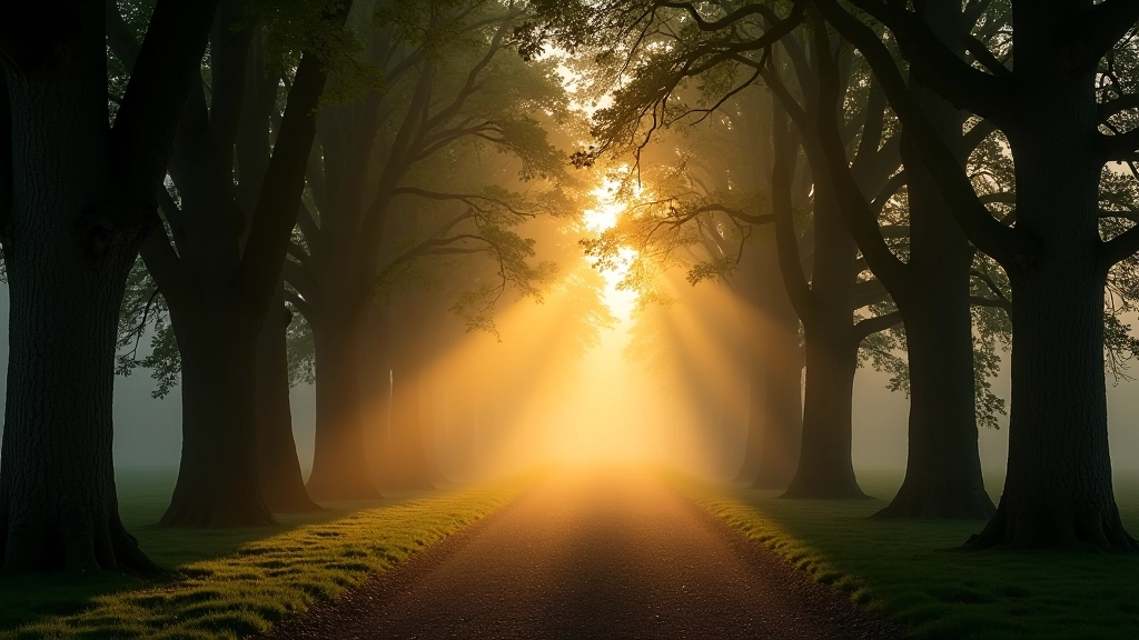Misty woodland path at dawn with ancient oak trees and golden sunlight breaking through forest canopy